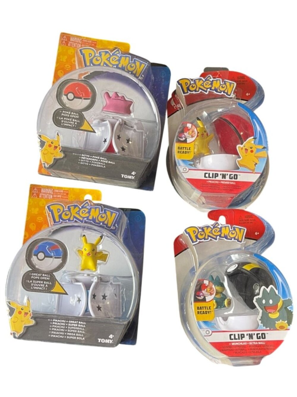 NEW Lot of 4 Pokemon Poke Ball Pops Open Clip 'n Go 'Ditto' 'Munchlax' 'Pikachu'